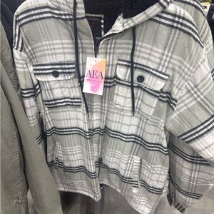 Plaid Hooded Shacket Jacket in Sage and Cream